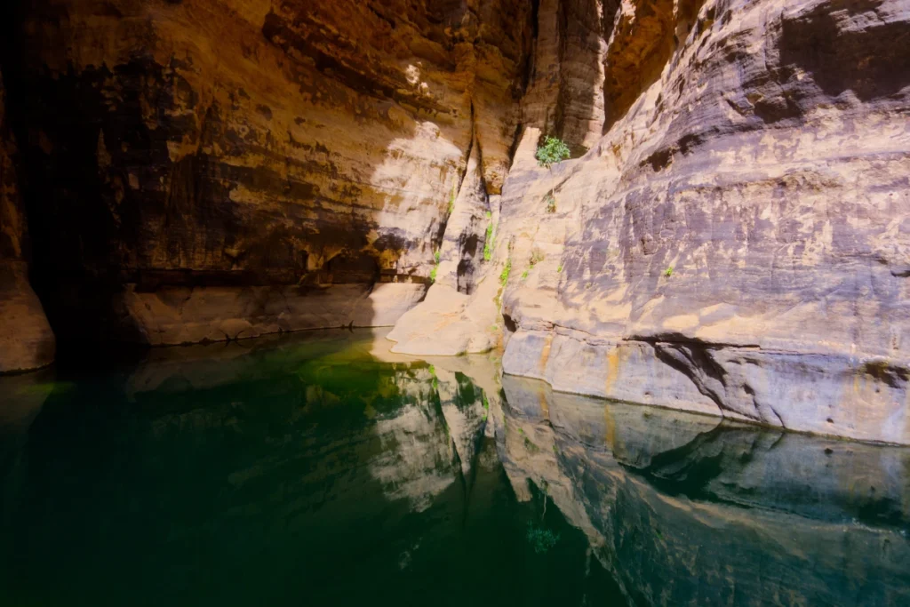 Reflets des parois du canyon dans l'eau de la guelta d'Essendilène
